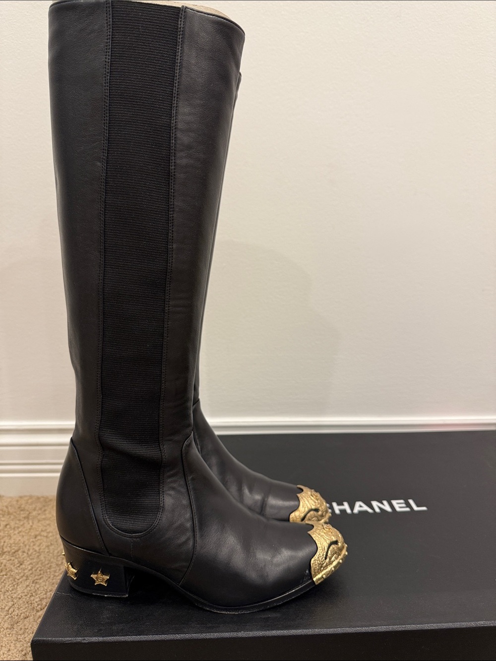 Chanel Runway Black Leather Knee High Boots Gold CC Cap Toe Western Hardware 37 - Picture 2 of 13